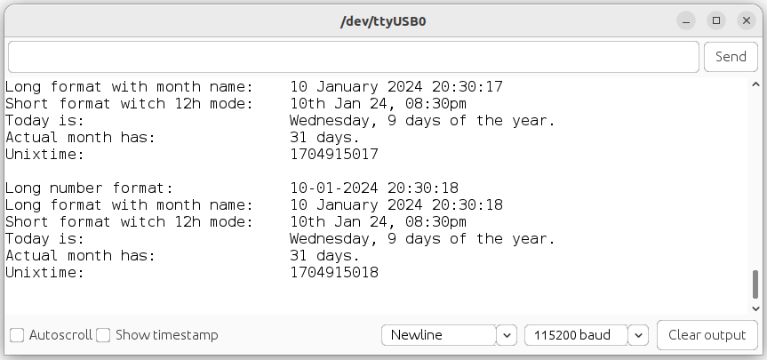 Serial monitor: DS3231 formatted output testing